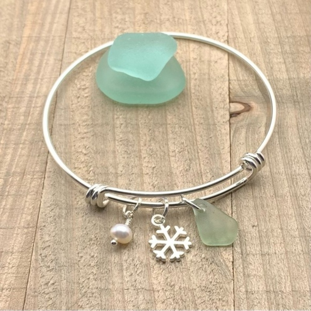 Sea Glass And Pearl Snowflake Charm Bracelet| Genuine Seaglass Jewelry For Her